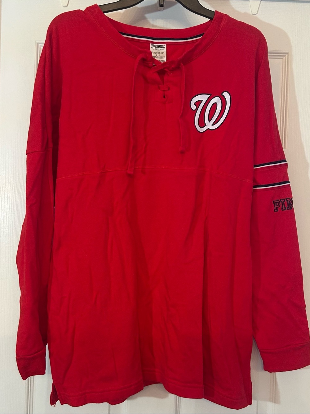 Washington Nationals PINK Victoria's Secret Red Lace-Up Crewneck Top Size L